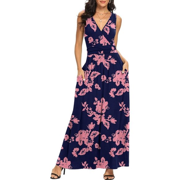 WomenNavy Blue Rose Deep V Neck Sleeveless Loose Plain Casual Long Maxi Dress - Picture 2 of 5